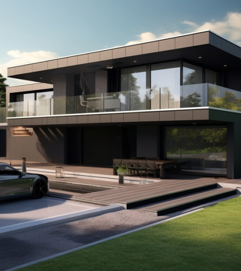 A stylish modern home featuring a car parked in front, highlighting contemporary design elements and landscaping.