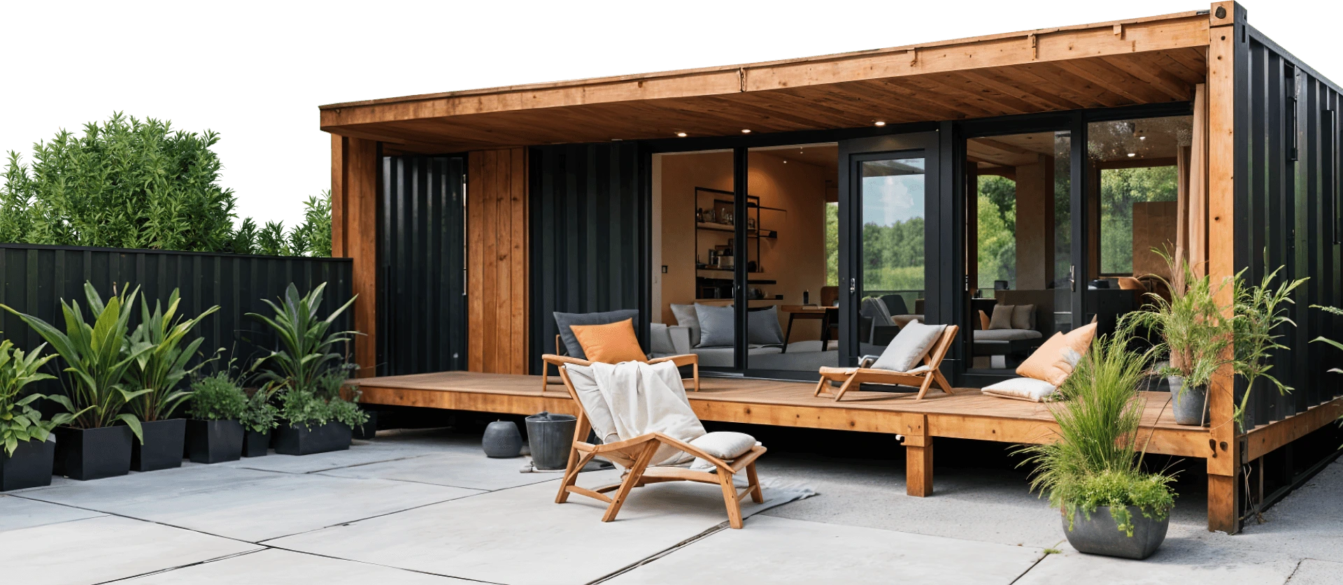 A sleek modern residence showcasing a wooden deck and patio, perfect for outdoor relaxation and entertainment.